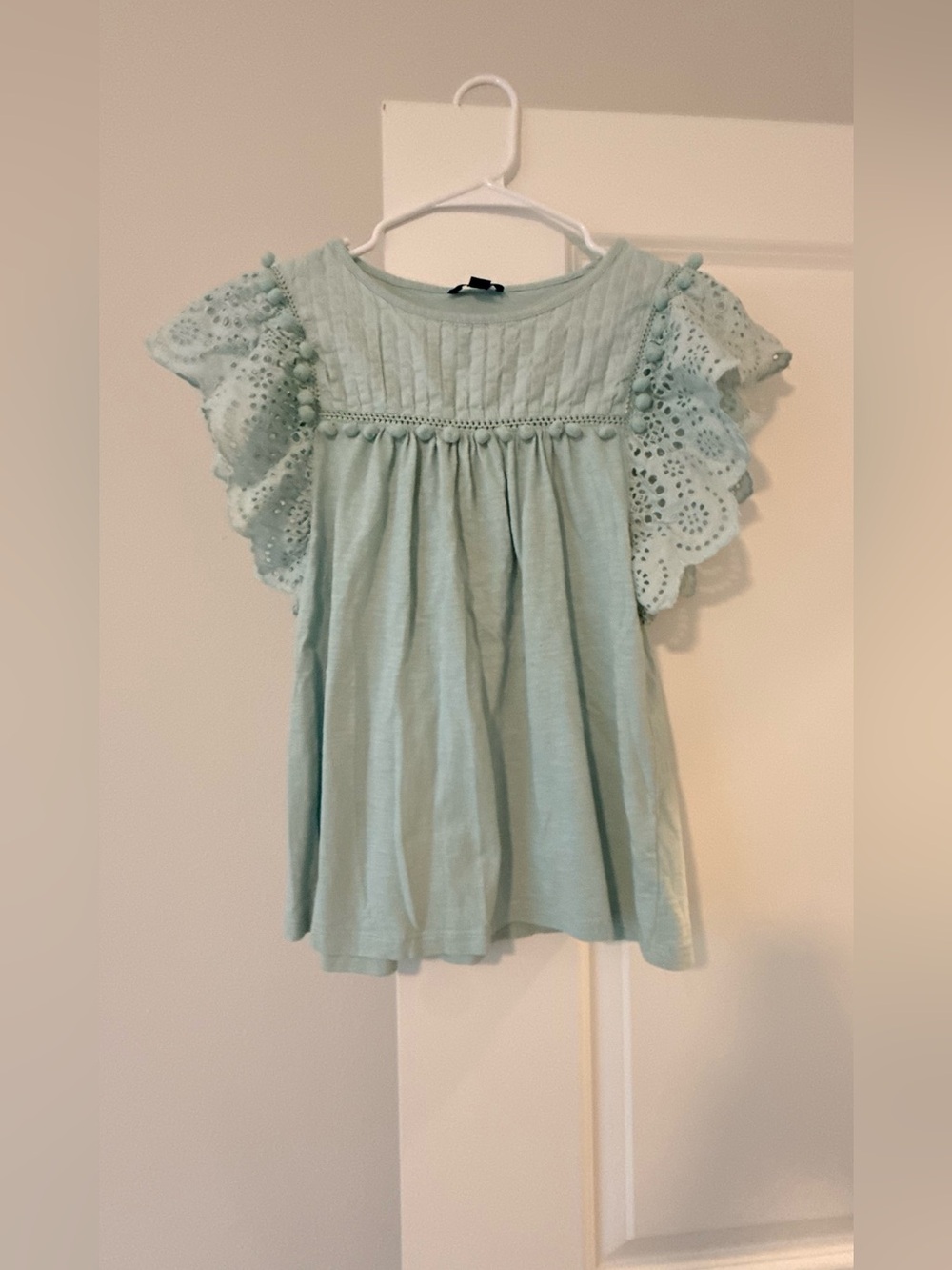 J.Crew Eyelet Flutter-Sleeve Top with Pom-Pom Trim – Mint Green